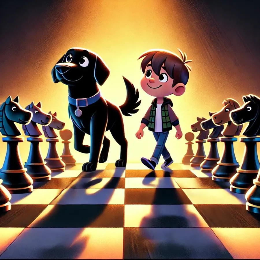 A boy walks down the middle of a glowing chessboard beside a big black labrador, between two rows of knight pieces.