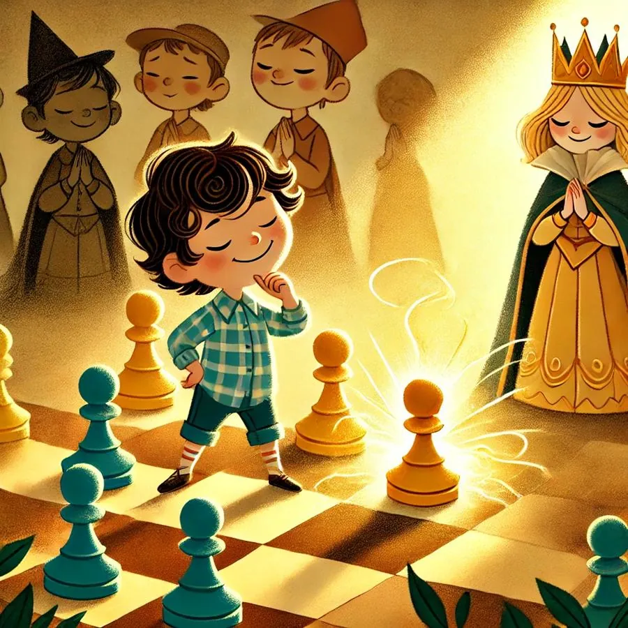 A dark-haired boy in a checked shirt stands thinking on a sunlit chessboard beside a glowing golden pawn, while the Queen and a row of smiling pieces look on.